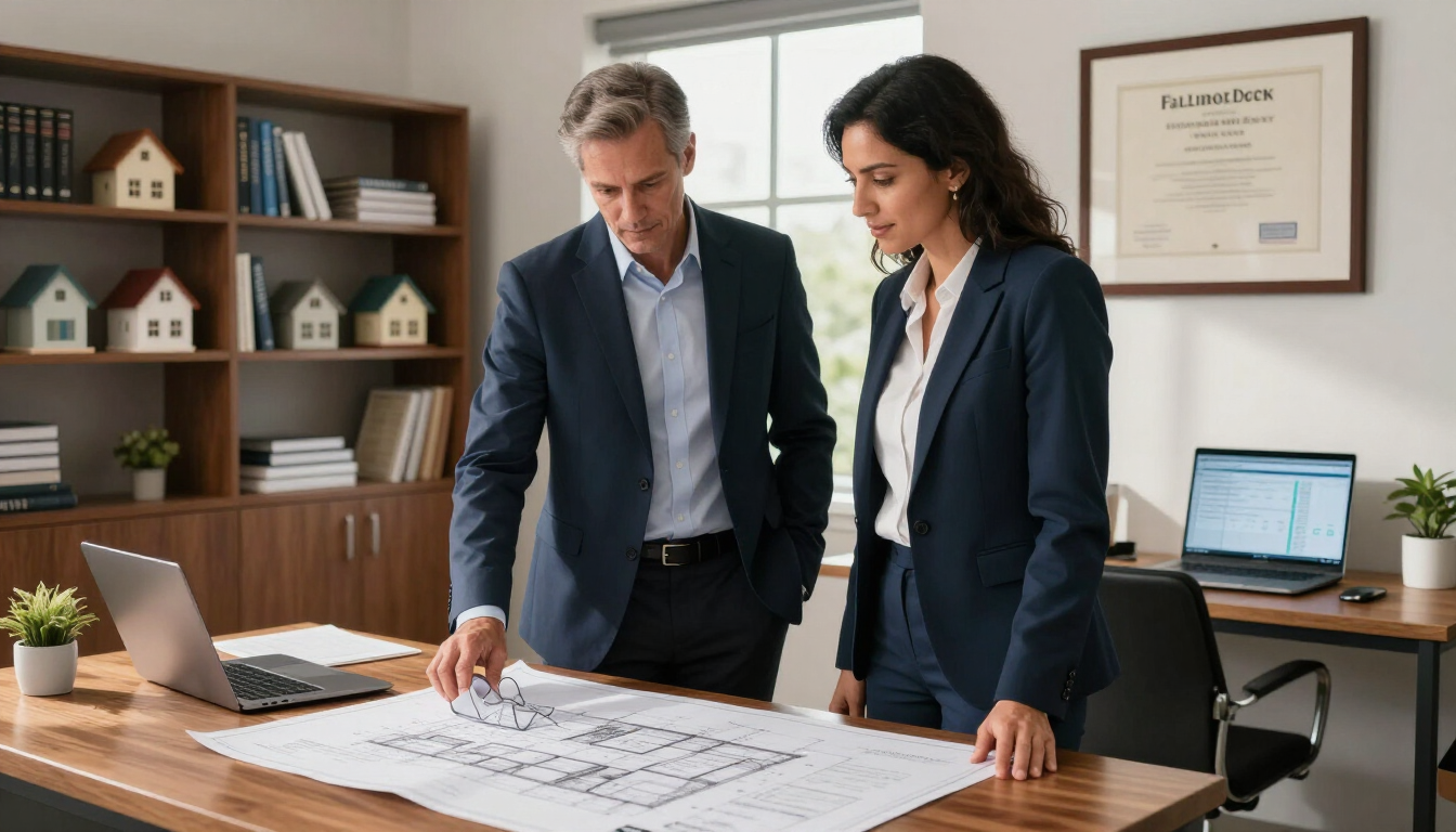 Two professionals review architectural plans at a desk in a tidy office