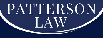 Patterson Law logo in white text on a dark blue oval background