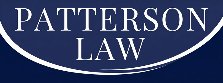 Patterson Law logo in white text on a dark blue oval background