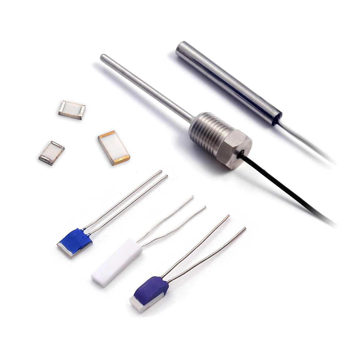 Assorted electronic sensors and probes in metal, white, blue, and black housings on a white background