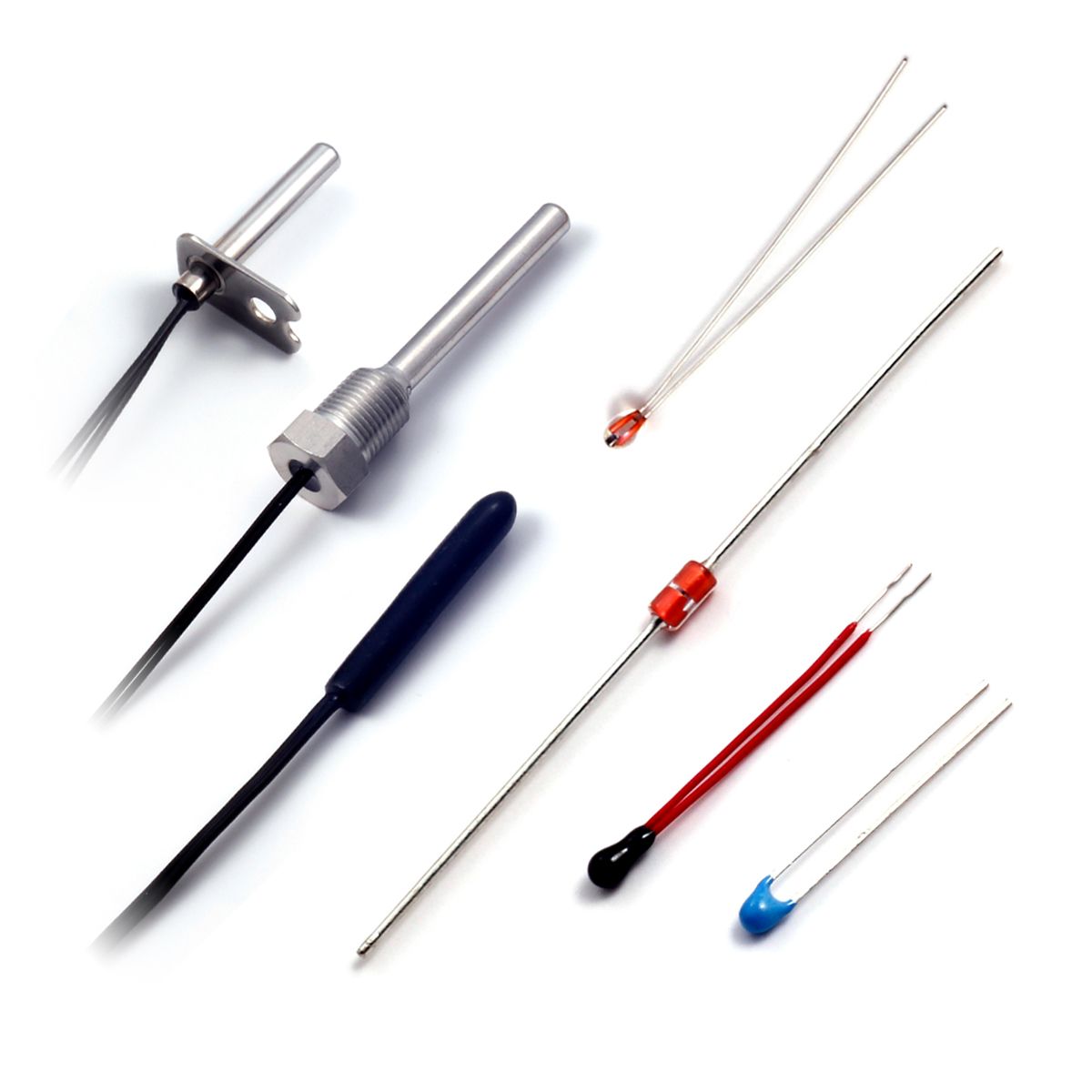 A variety of industrial and electronic temperature sensors, probes, and thermistors arranged on a white background.