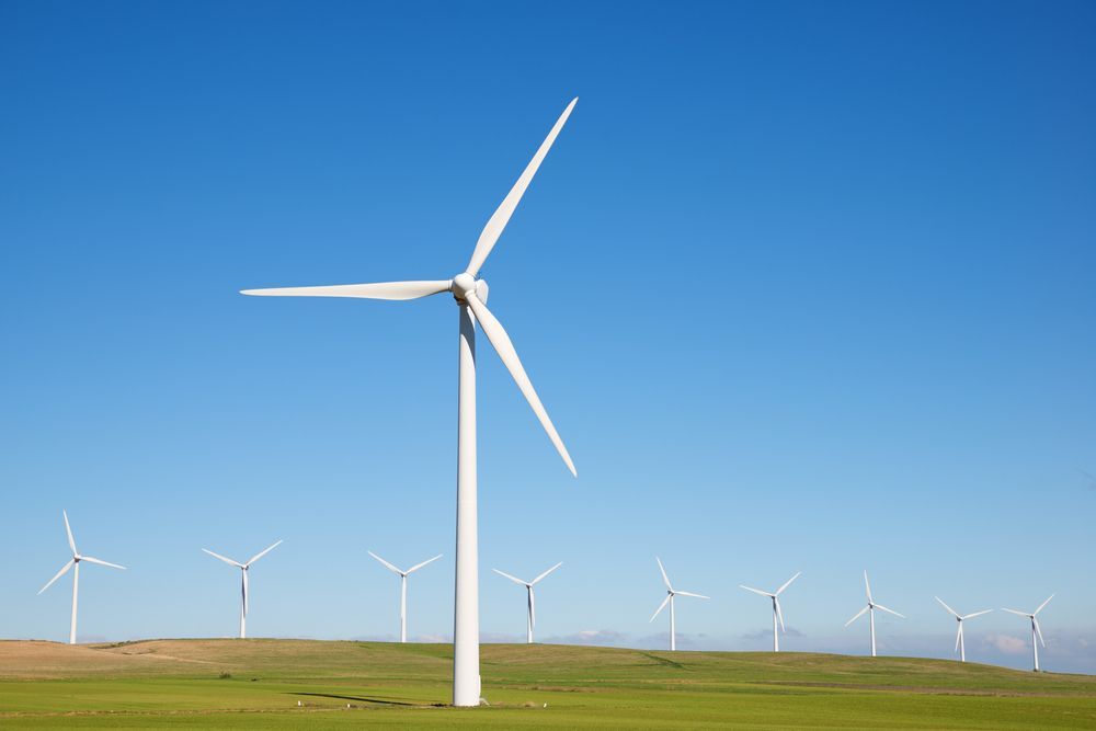 Row of white wind turbines on a green field under a clear blue sky
