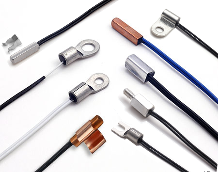 Various electrical wires with different types of terminals, including ring, spade, and clip connectors.