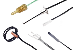 Assorted automotive sensors and probes with black wires on a white background