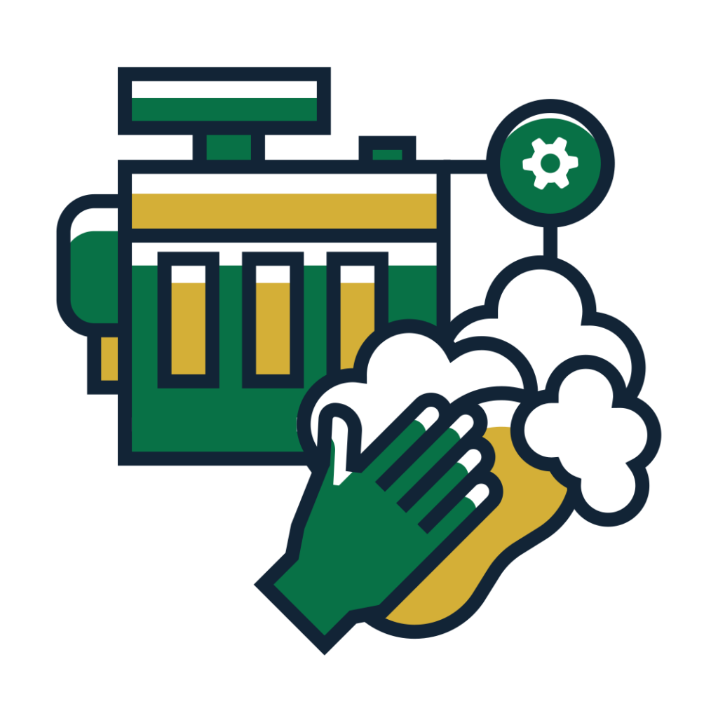 A gloved hand scrubbing a machine engine with sudsy foam, with a gear icon above, in green, gold, and white.