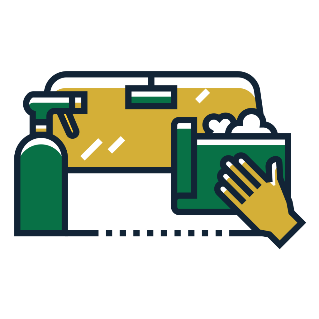 A yellow and green icon showing a spray bottle and a hand cleaning a surface with a soapy cloth.