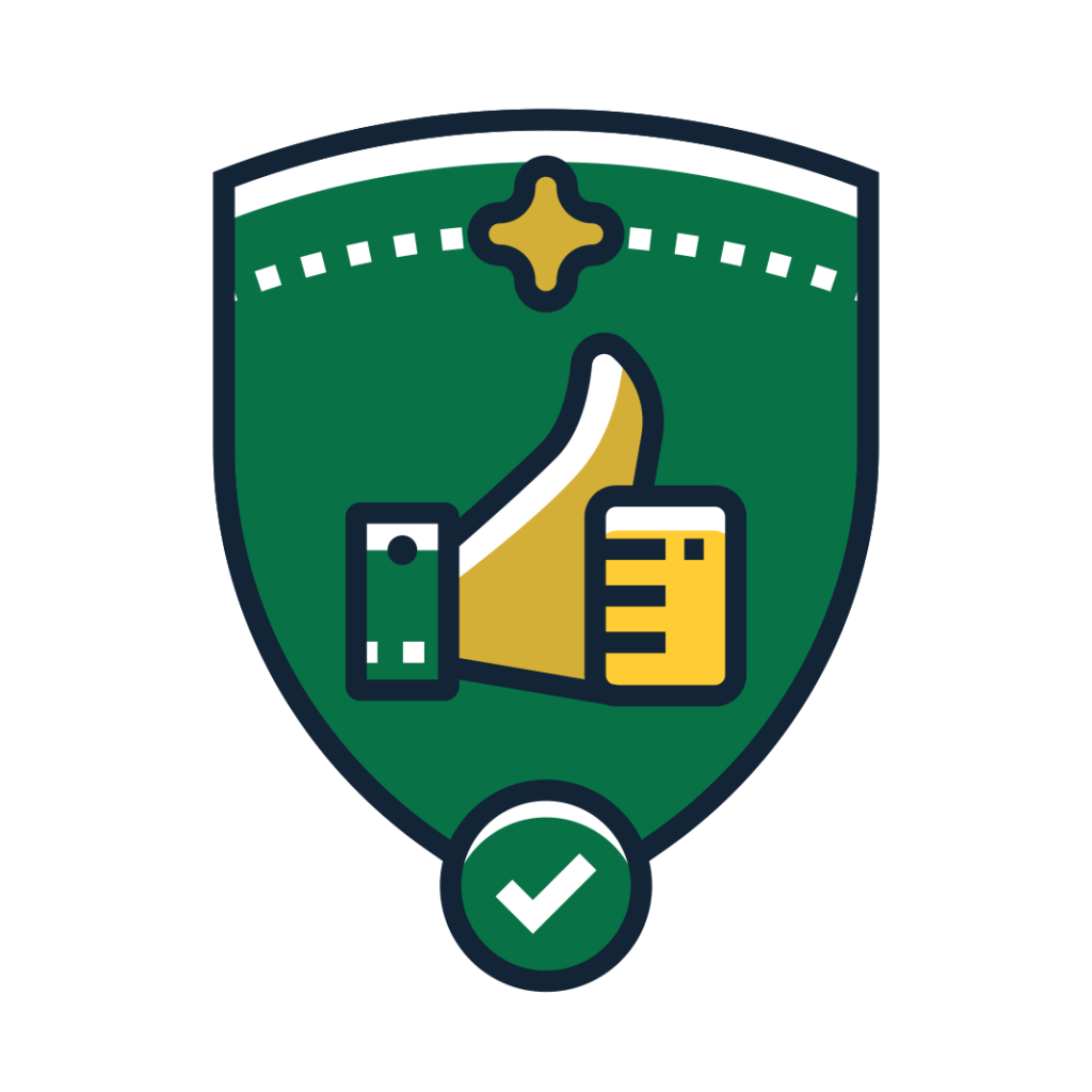 A green shield icon featuring a gold thumbs-up gesture and a white checkmark at the bottom.
