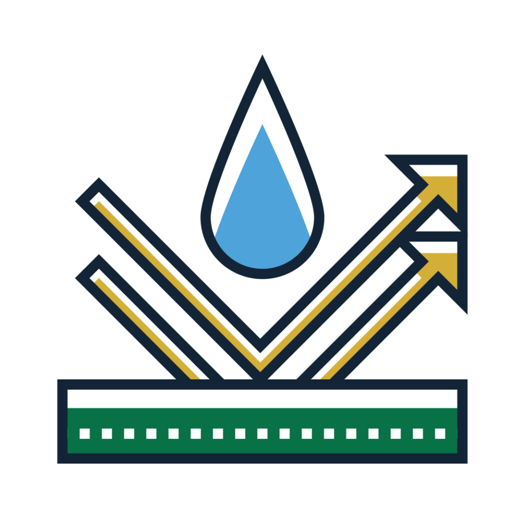 Icon of two yellow arrows bouncing off a green surface beneath a blue water droplet, representing water repellency.