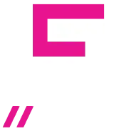 Magenta geometric logo with a blocky E shape and two diagonal slashes on white background