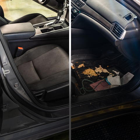 Split view of a car interior: clean front seat on left, debris and spilled food on passenger floor on right