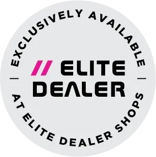 Elite Dealer badge logo with black text, pink accents, and circular “exclusively available at Elite Dealer Shop” wording