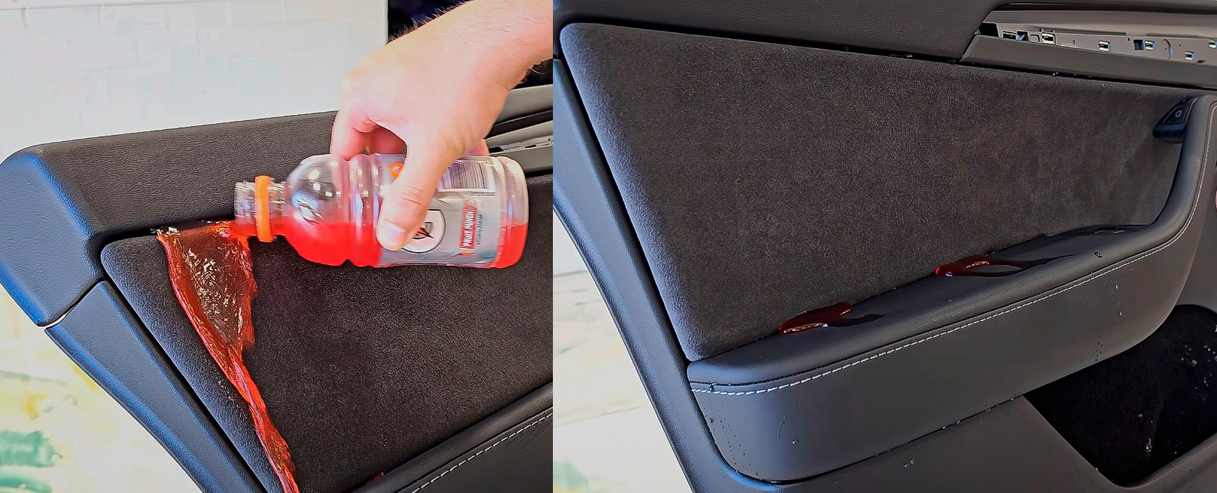 A split-screen view shows a red liquid being poured onto a dark car door panel, then rolling off the water-repellent surface.
