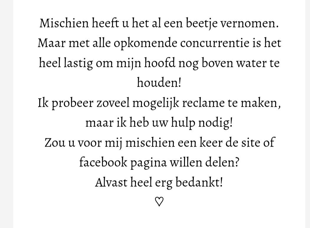 Tekst waarin om hulp wordt gevraagd bij het delen van een website of Facebookpagina vanwege concurrentie.