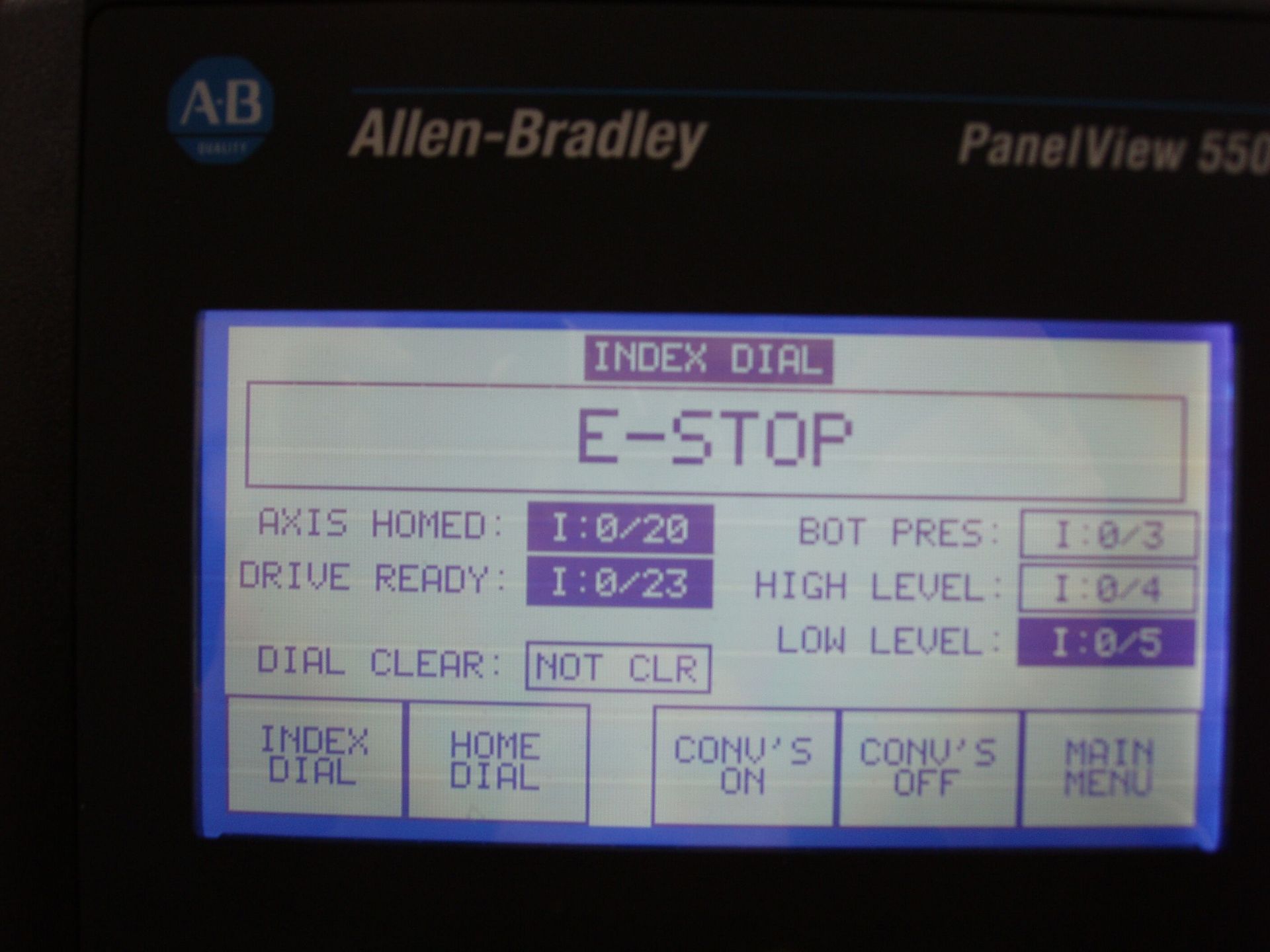 Allen-Bradley PanelView 550 display showing