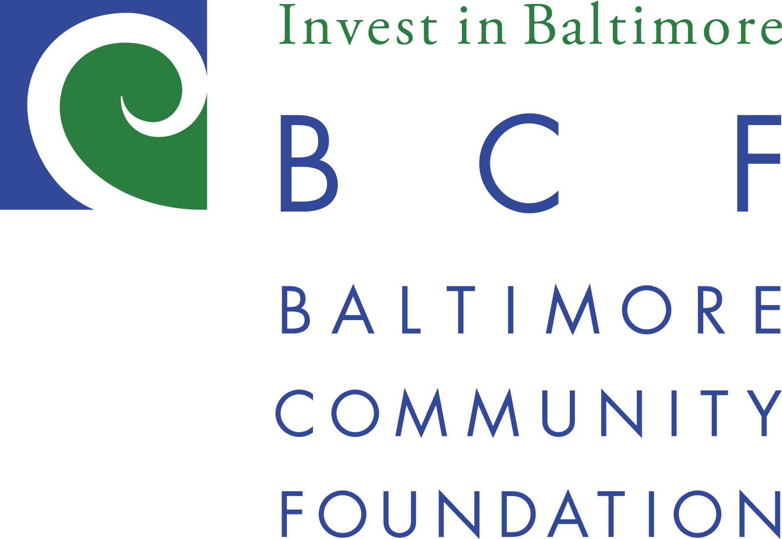 Logo of the Baltimore Community Foundation: blue and green swirl, and text 