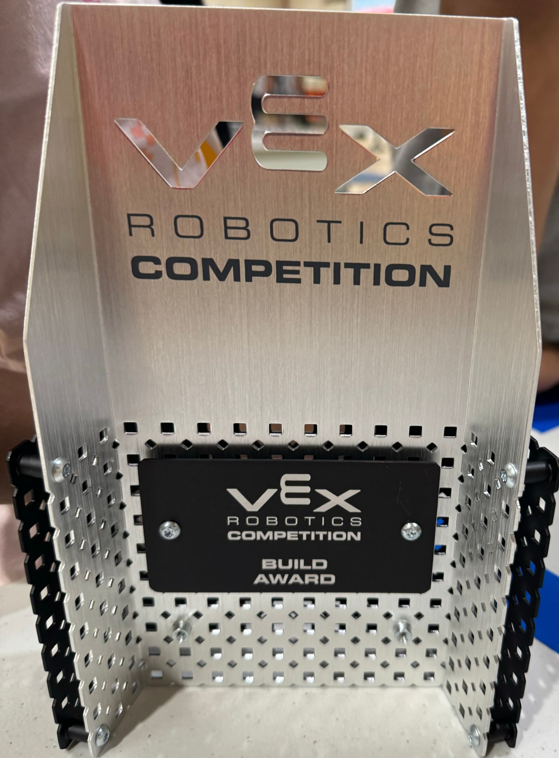 Hazelwood Elementary - VEX Robotics Competition Build Award trophy, silver with black accents and text.