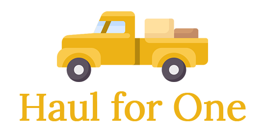 The logo for haul for one shows a yellow truck with a box in the back. The logo for haul for one shows a yellow truck with a box in the back.