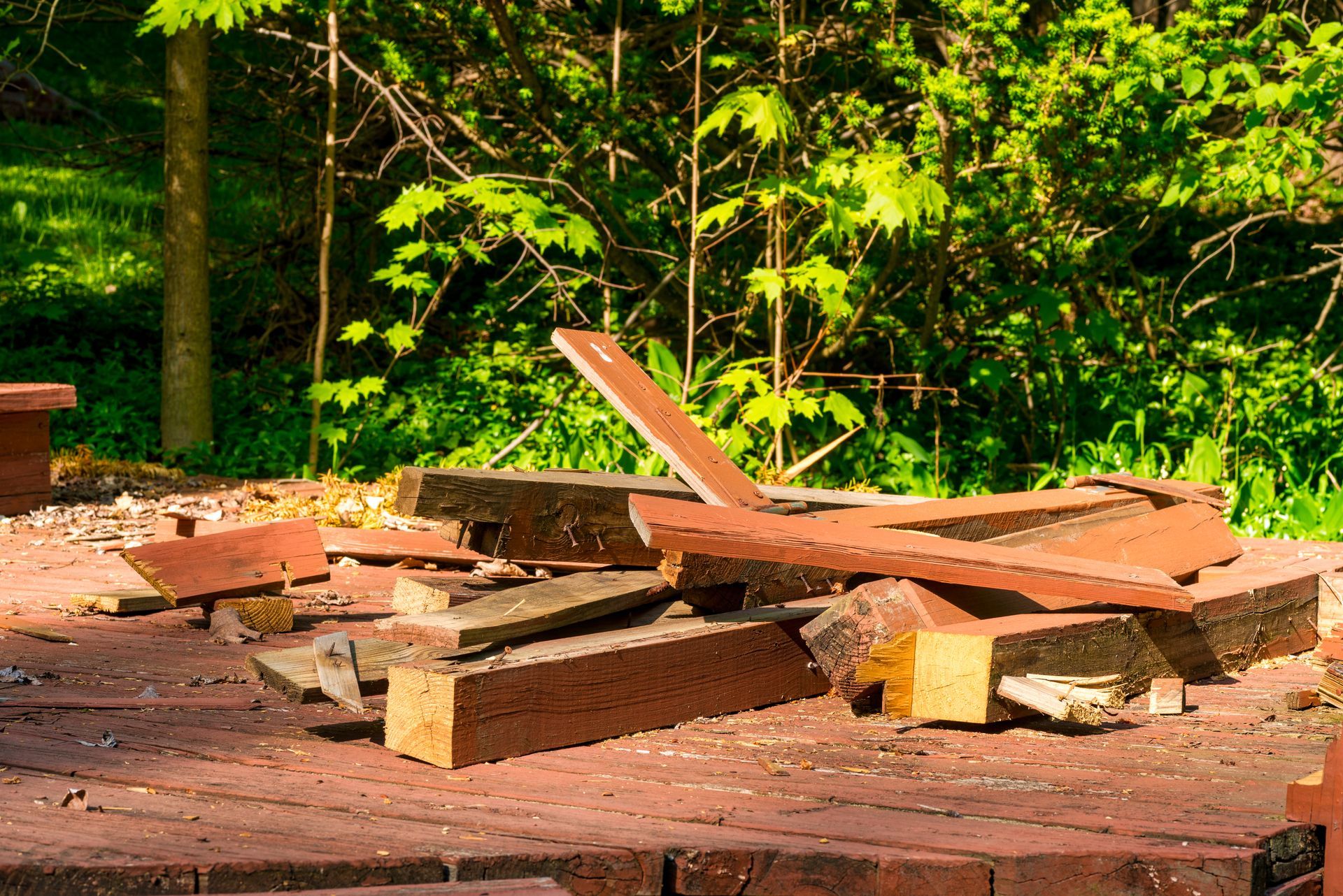 A pile of wood is sitting on top of a brick floor in the woods. A pile of wood is sitting on top of a brick floor in the woods.