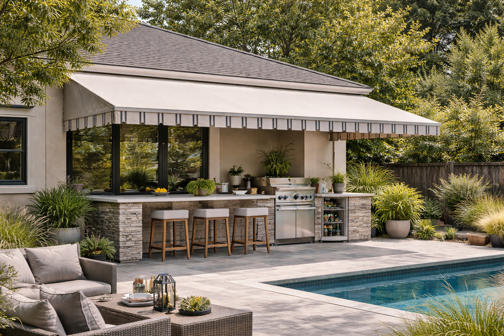 A stone-covered outdoor kitchen with bar stools by a pool under a white awning, surrounded by lush greenery.