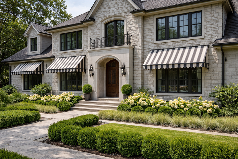 A beige retractable awning with vertical stripes mounted above a window against a blue sky and trees.