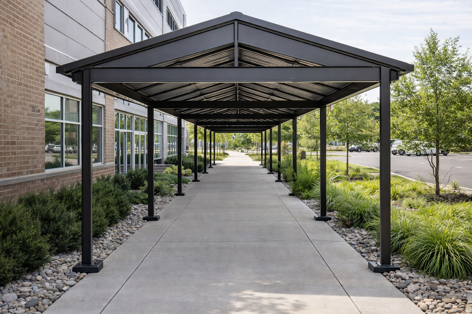 A long, covered walkway with a dark metal frame and gabled roof, extending alongside a brick building with glass windows.