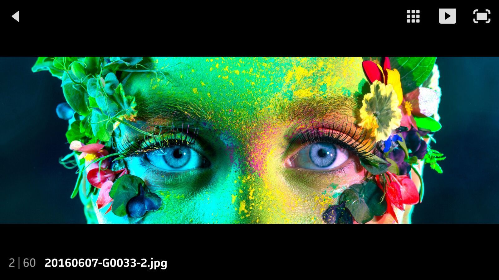 Close-up van blauwe ogen omlijst door kleurrijke groene, gele en roze bloemen op een zwarte achtergrond.