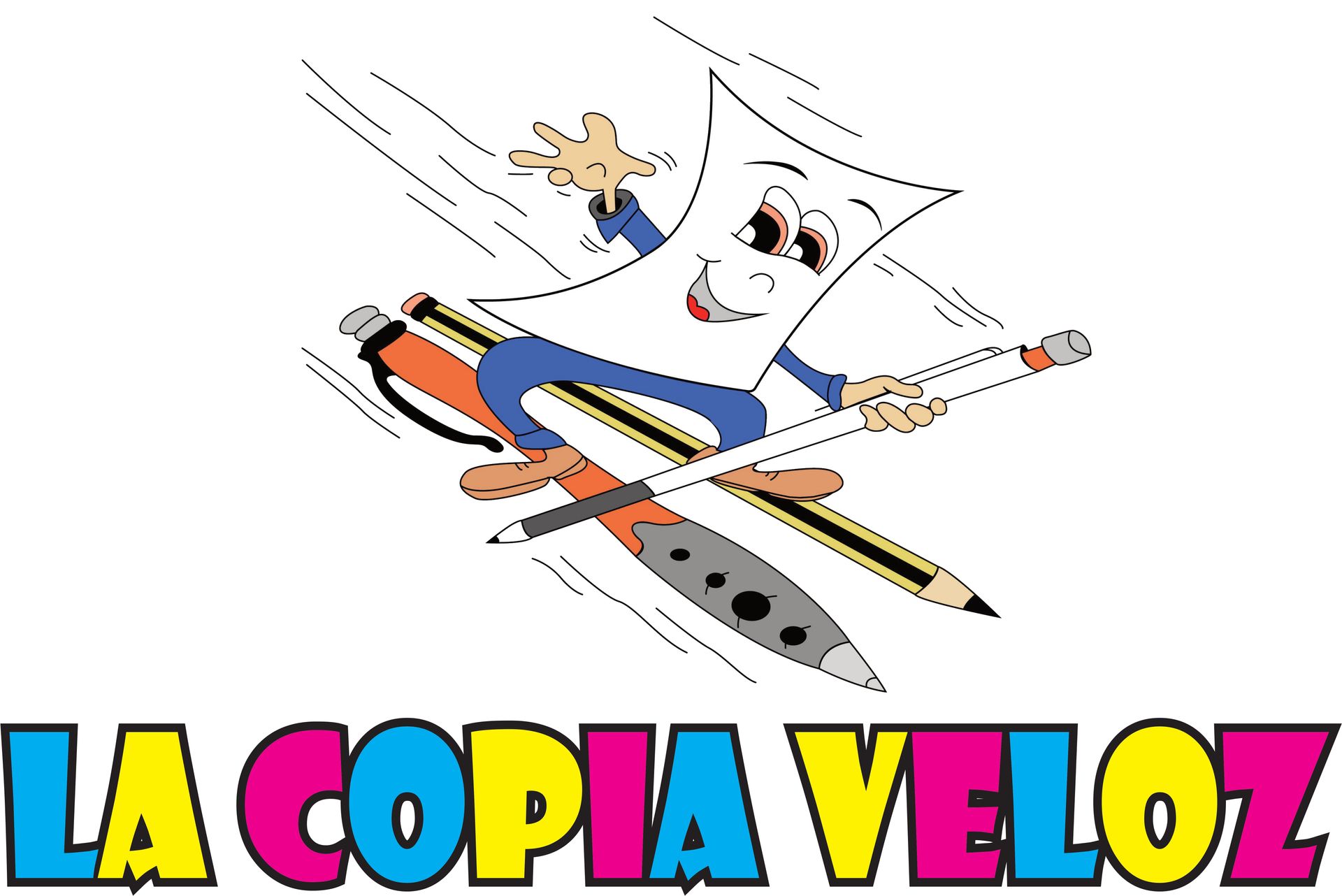 Dibujo animado de una mascota de lápiz voladora sobre el texto “LA COPIA VELOZ” en colores brillantes.
