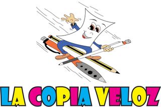 Dibujo animado de una mascota de lápiz voladora sobre el texto “LA COPIA VELOZ” en colores brillantes.