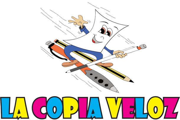 Esquiador de dibujos animados en movimiento sobre el texto colorido «LA COPIA VELOZ»