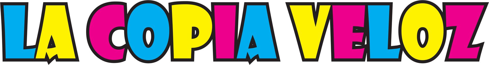 Logotipo colorido con la inscripción “LA COPIA VELOZ” en letras delineadas en azul, amarillo, rosa y negro.