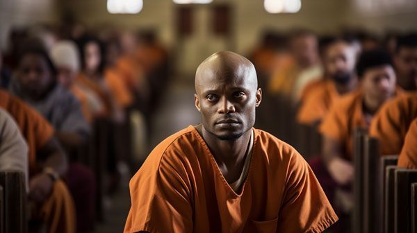 Inmates listening to a fellow inmate teaching a bible lesson