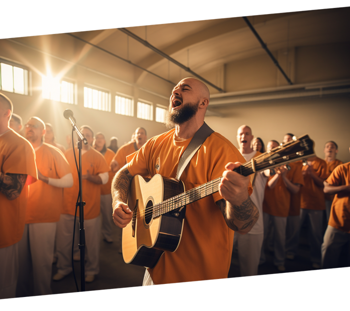 Inmates in worship, with worship leader playing guitar