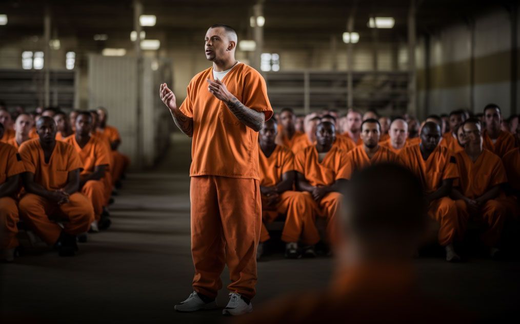 Inmate preaching to other inmates in the prison chapel