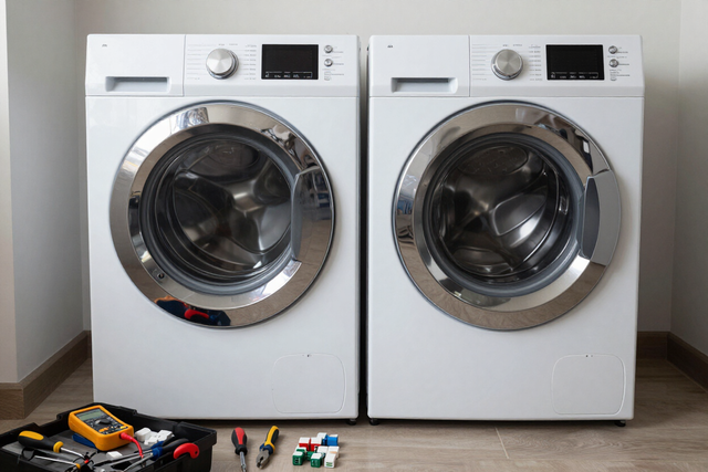 Two front-loading washing machines in a laundry room, with cleaning supplies on the floor nearby