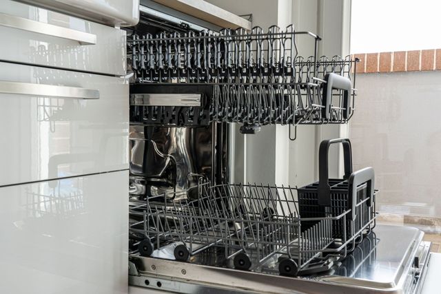 Industrial dishwasher rack with black metal parts beside a large white appliance in a bright kitchen area