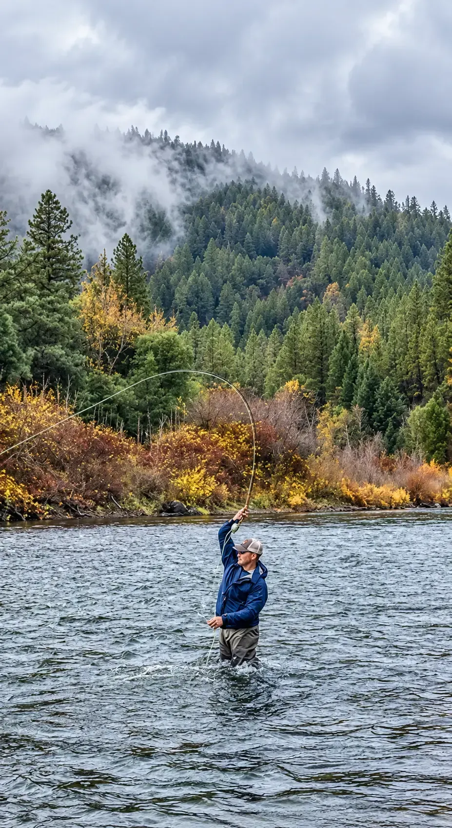 trinity-river-guided-steelhead-fishing Fly fisherman hooked into a steelhead on the Trinity River in Northern California