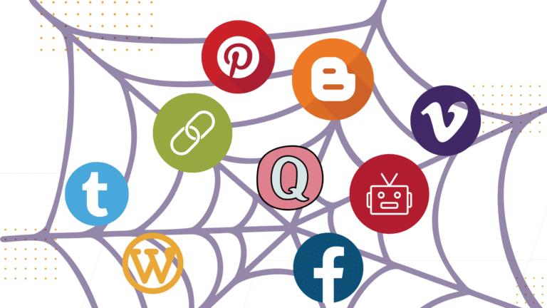 Colorful social media icons connected by a spiderweb-like network on a light background