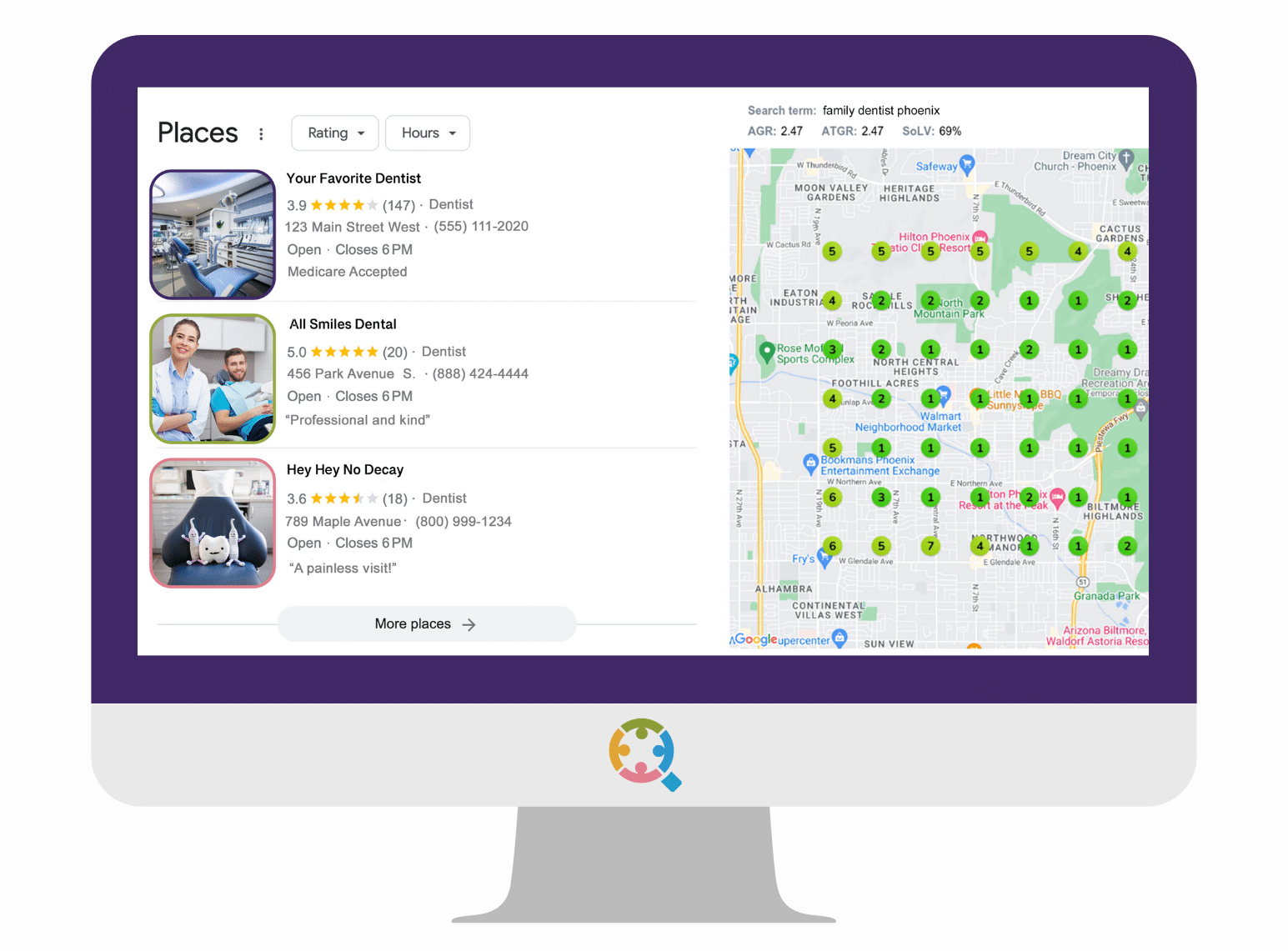 Desktop travel app showing place listings on the left and a map with green pins on the right