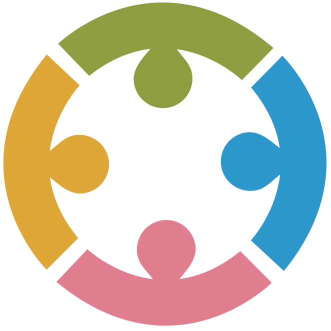 Four-color circular logo with interlocking puzzle pieces in green, blue, pink, and yellow on white background