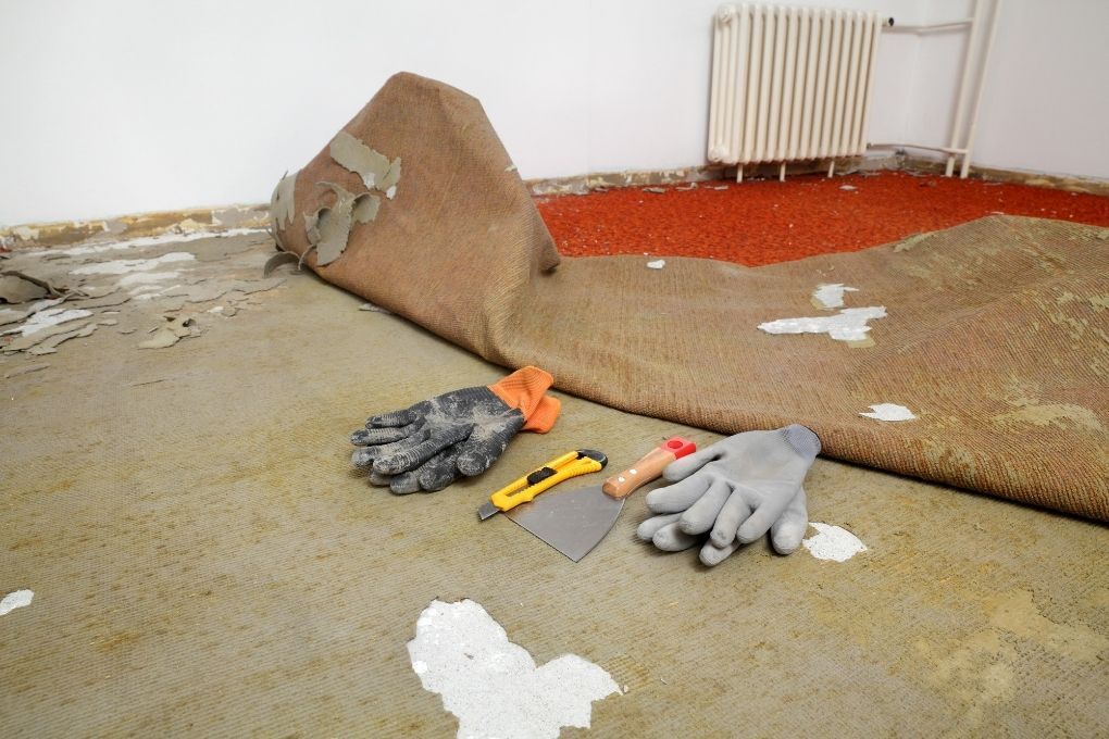 Derbyshire Flooring Specialists removing an old carpet from a lounge in Derby