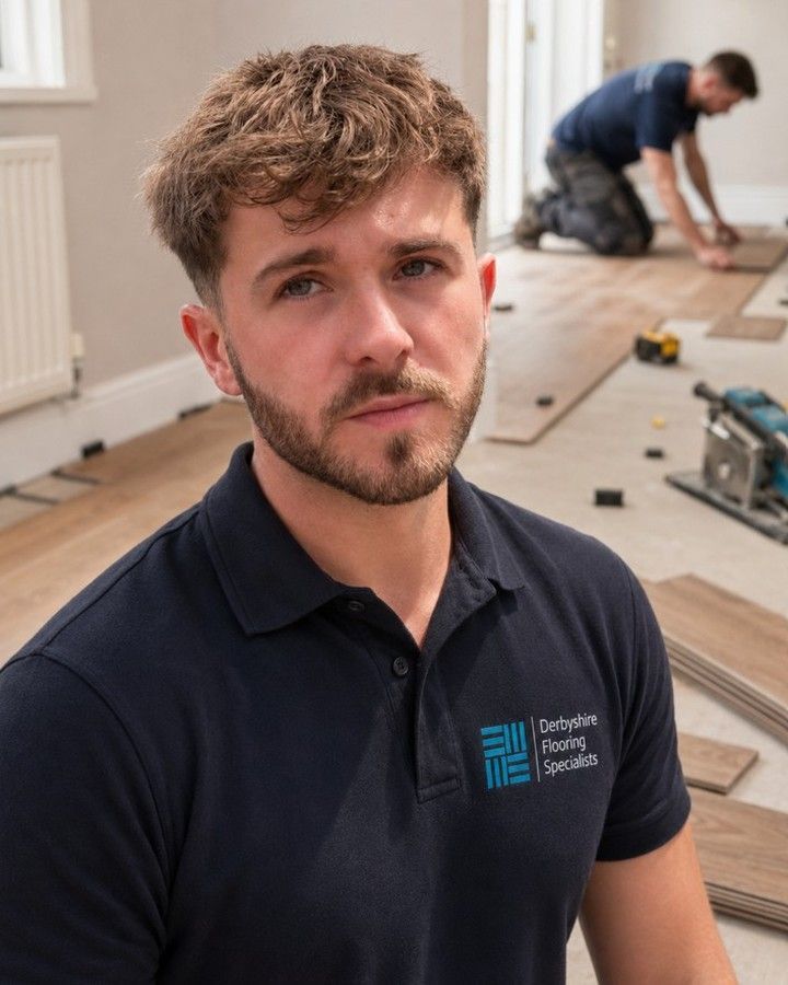 Liam Taylor of Derbyshire Flooring Specialists on site, with a fitter laying wood-effect flooring behind him
