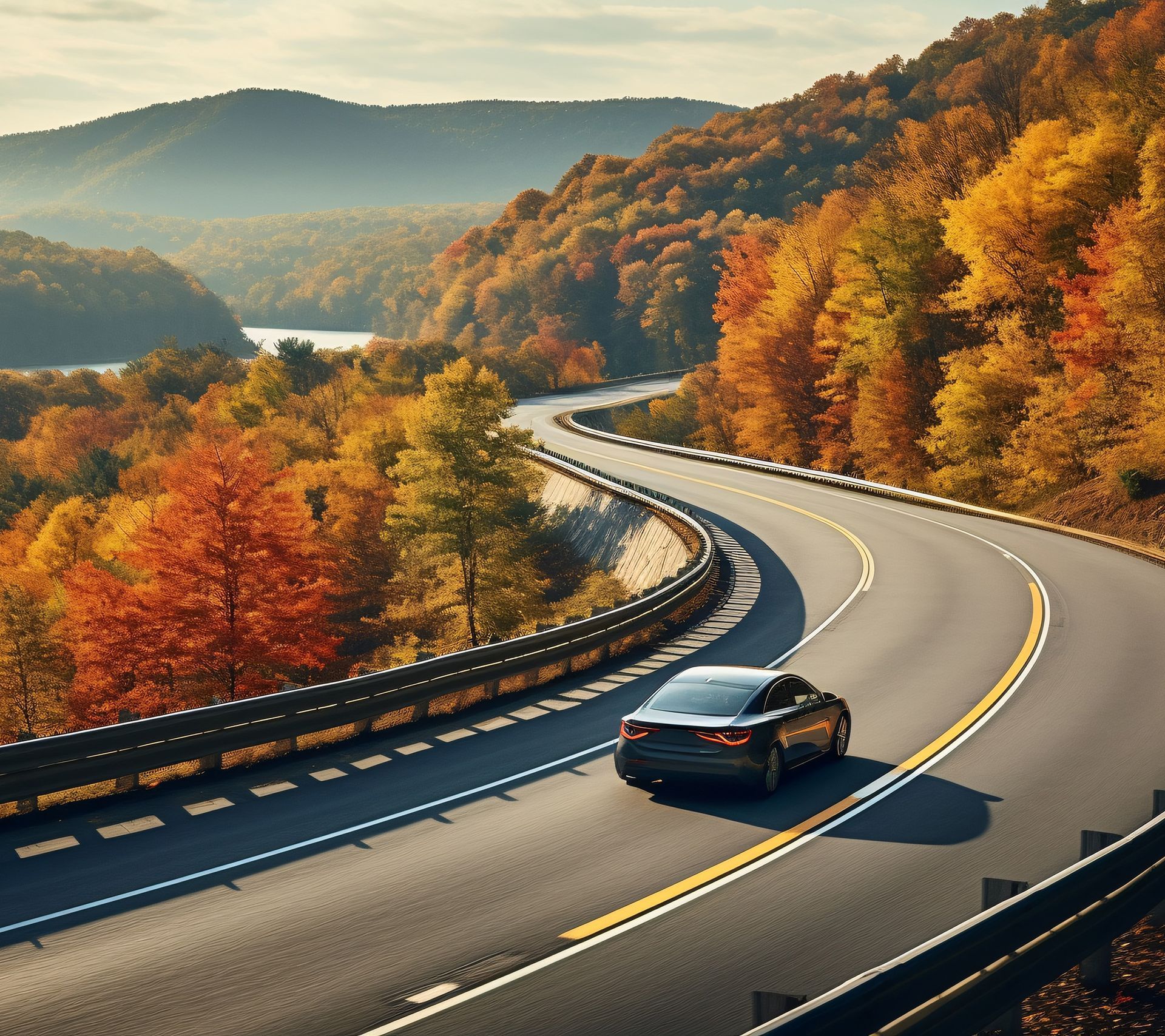Car driving on a winding road through a colorful autumn forest with a lake in the background.
