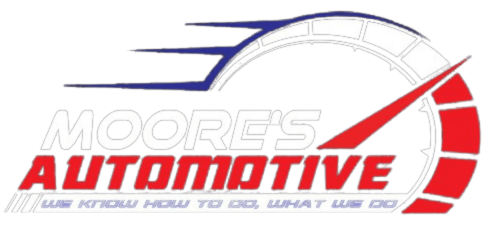 Moores Automotive logo with red and blue stylized car graphic and white background