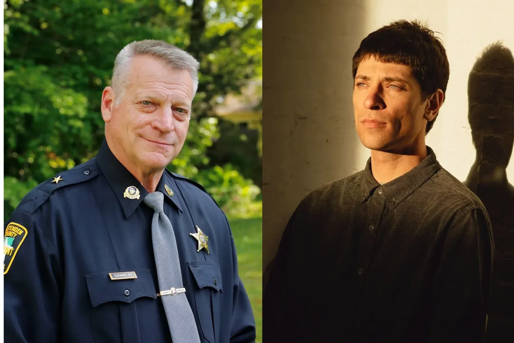 Side-by-side portraits: a uniformed sheriff outdoors and a man in dark clothing against a warm-lit background