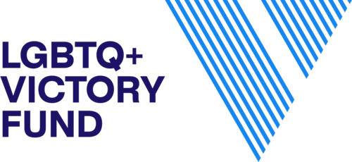 LGBTQ+ Victory Fund logo in dark blue with blue diagonal stripes on white background