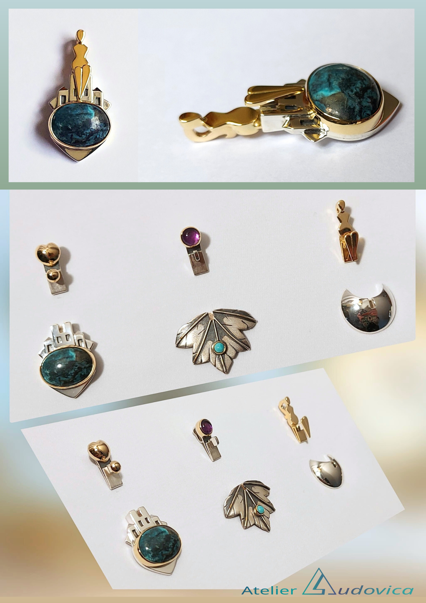 Overzicht van een serie verwisselbare bakslot-hangers. Alles past op elkaar, dus je hebt 9 verschillende combinaties.  Welke samenstelling maak jij?