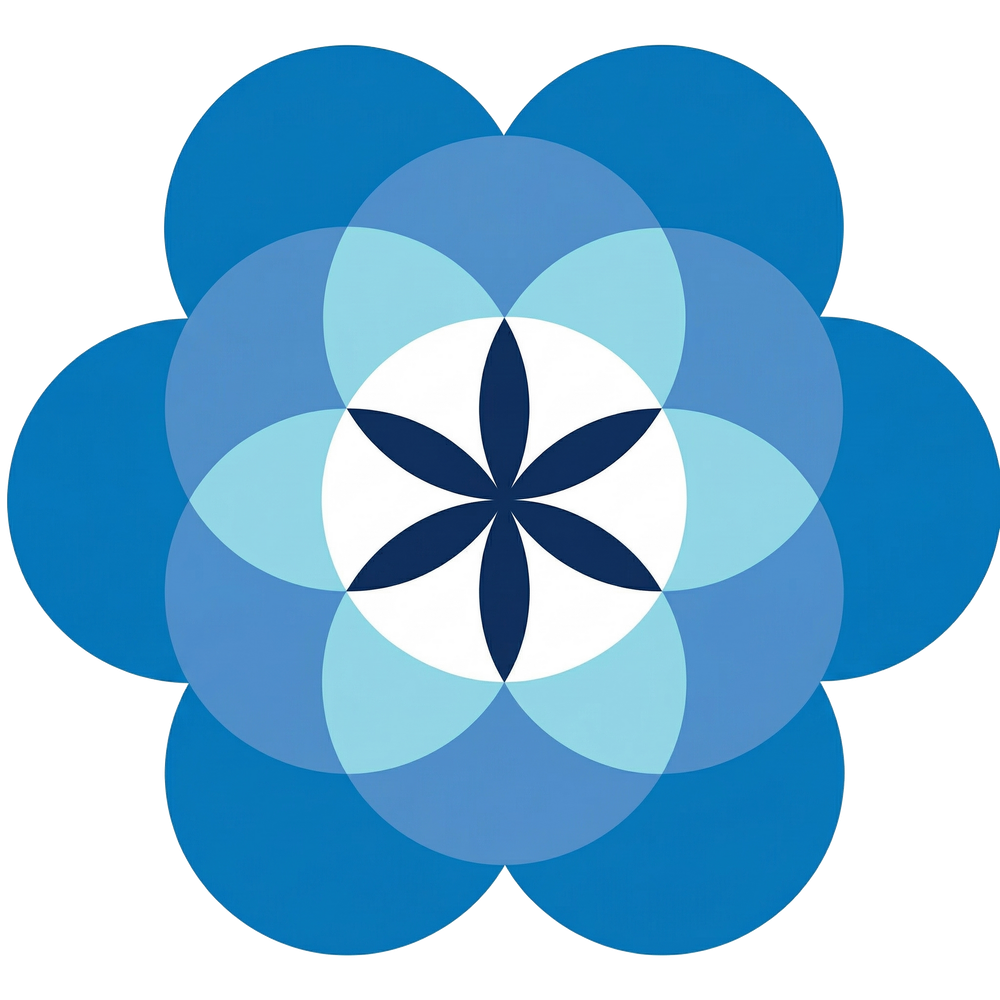 A geometric flower shape formed by overlapping blue circles, with a dark blue, six-petaled star at the center.