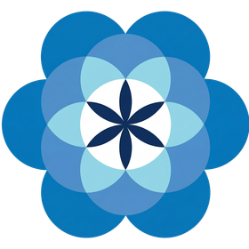 A geometric flower shape formed by overlapping blue circles, with a dark blue, six-petaled star at the center.