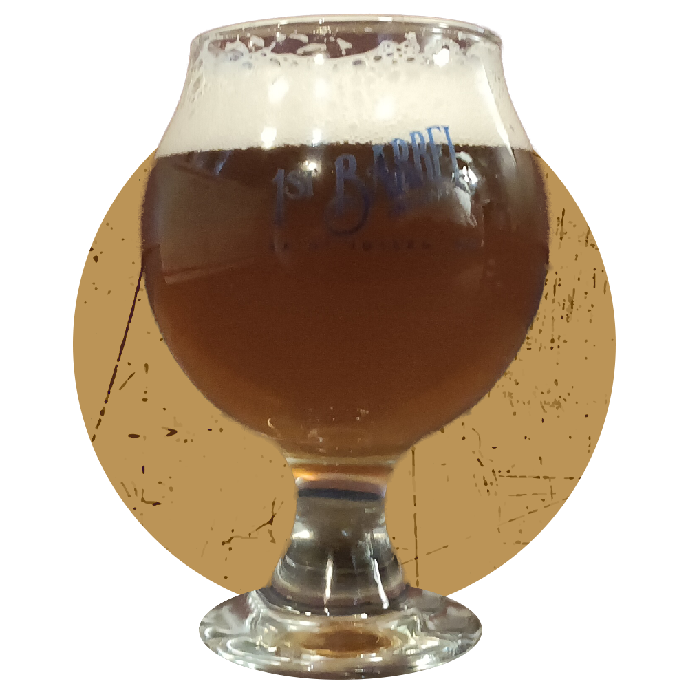 A glass of beer with the word brew on it