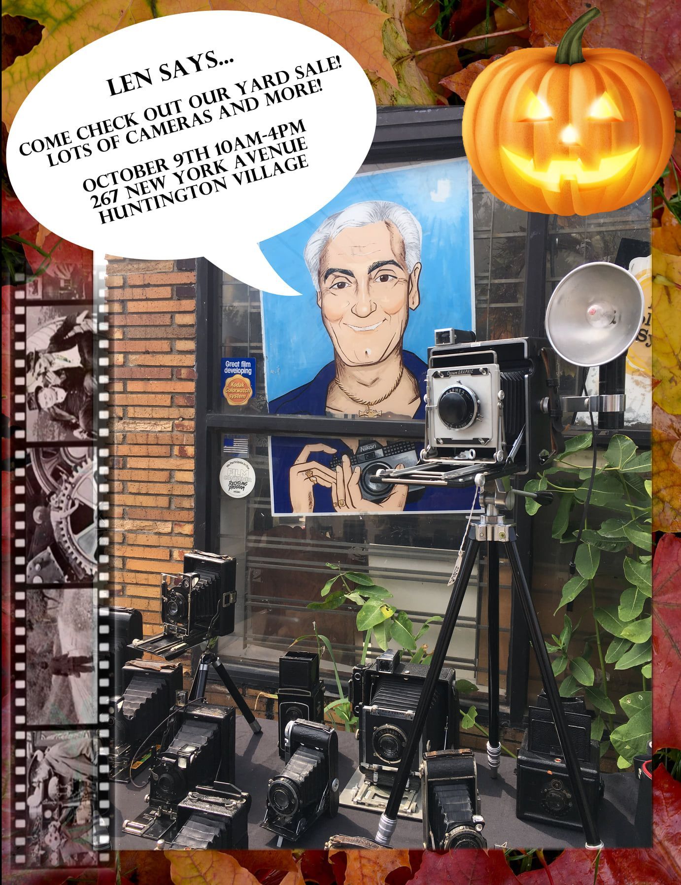 Halloween display with a glowing jack-o'-lantern, portrait, and cameras on tripods in a decorated room